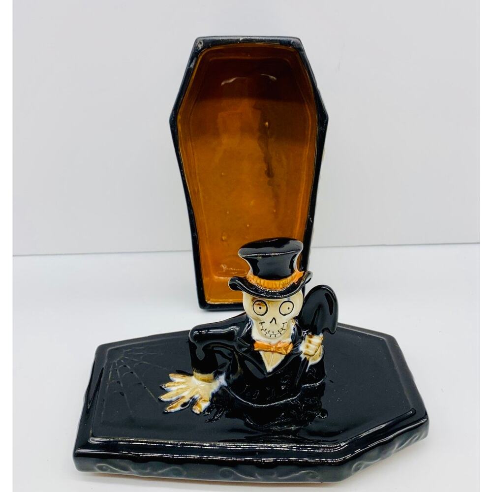 Halloween box coffin black pottery, glazed skeleton, grave digger bones